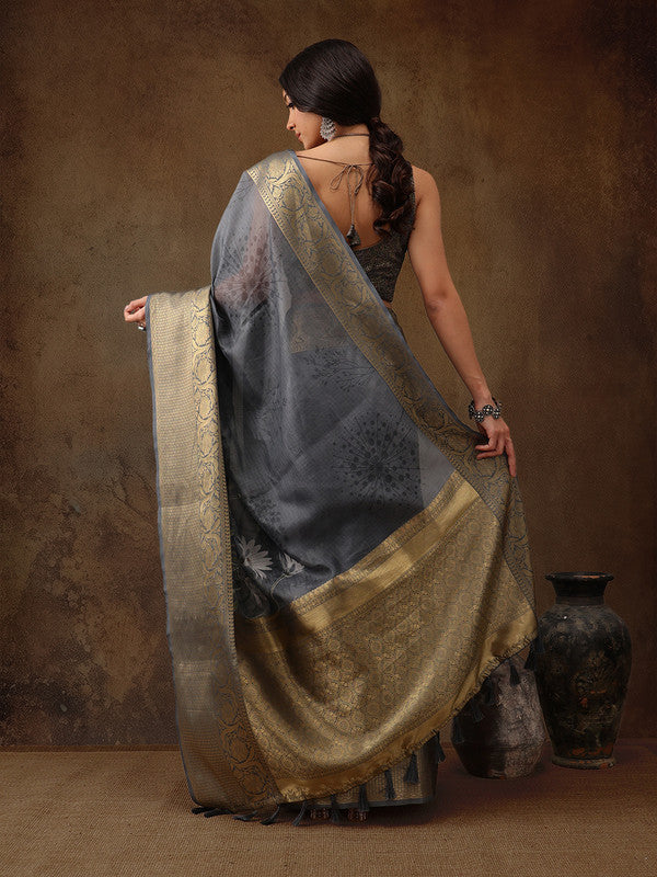 Gray Munga Silk Digital Print Floral Saree with Unstitched Blouse - Hiral Fashion | Swadesiicart