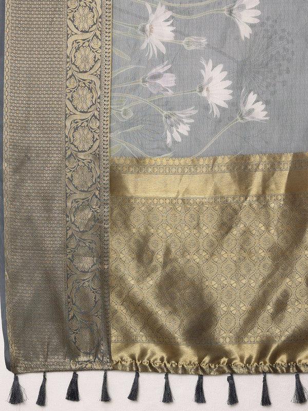 Gray Munga Silk Digital Print Floral Saree with Unstitched Blouse - Hiral Fashion | Swadesiicart