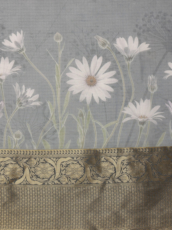 Gray Munga Silk Digital Print Floral Saree with Unstitched Blouse - Hiral Fashion | Swadesiicart