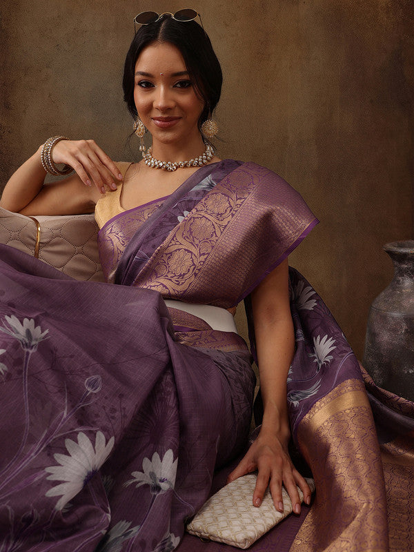 Lavender Munga Silk Digital Print Floral Saree with Unstitched Blouse - Hiral Fashion | Swadesiicart