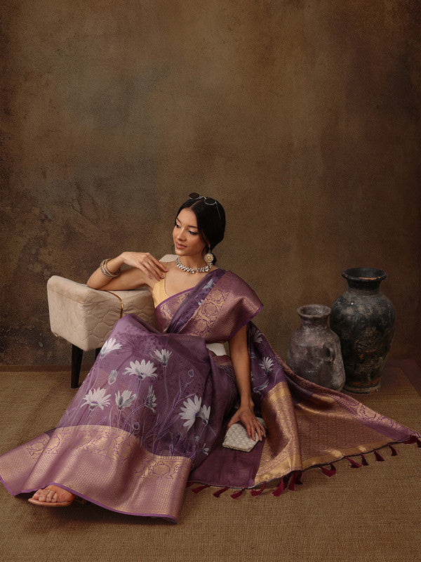 Lavender Munga Silk Digital Print Floral Saree with Unstitched Blouse - Hiral Fashion | Swadesiicart