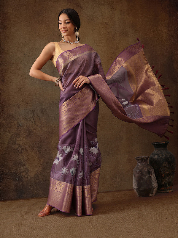 Lavender Munga Silk Digital Print Floral Saree with Unstitched Blouse - Hiral Fashion | Swadesiicart