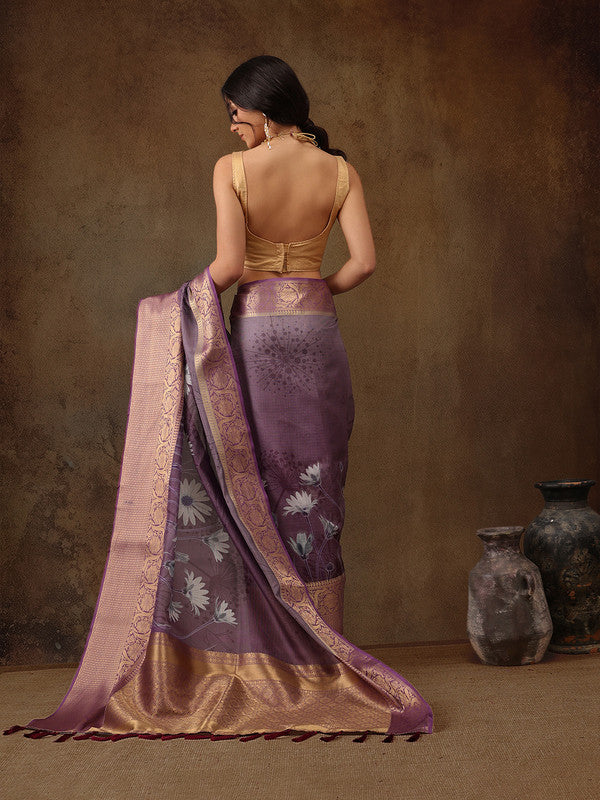 Lavender Munga Silk Digital Print Floral Saree with Unstitched Blouse - Hiral Fashion | Swadesiicart