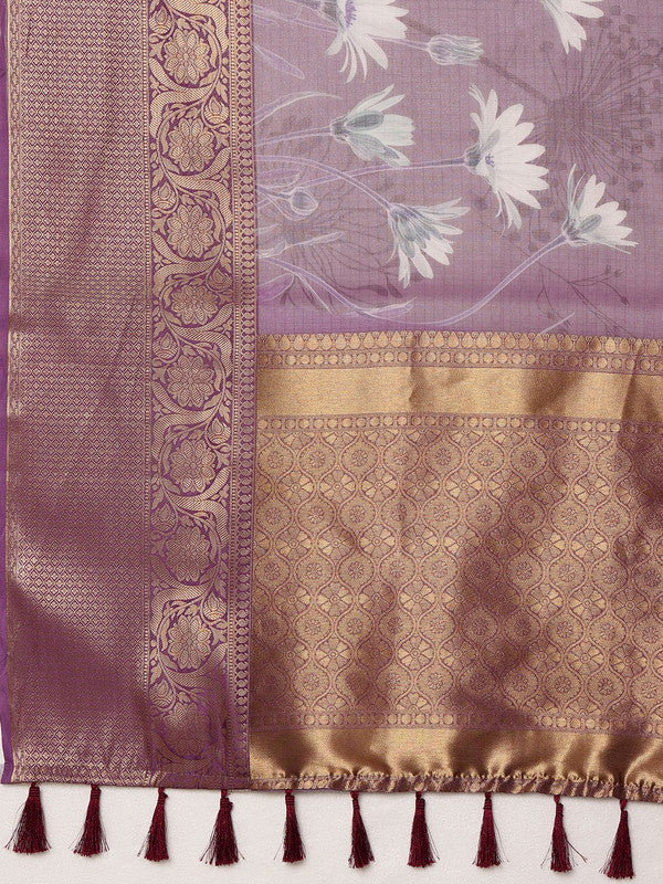 Lavender Munga Silk Digital Print Floral Saree with Unstitched Blouse - Hiral Fashion | Swadesiicart