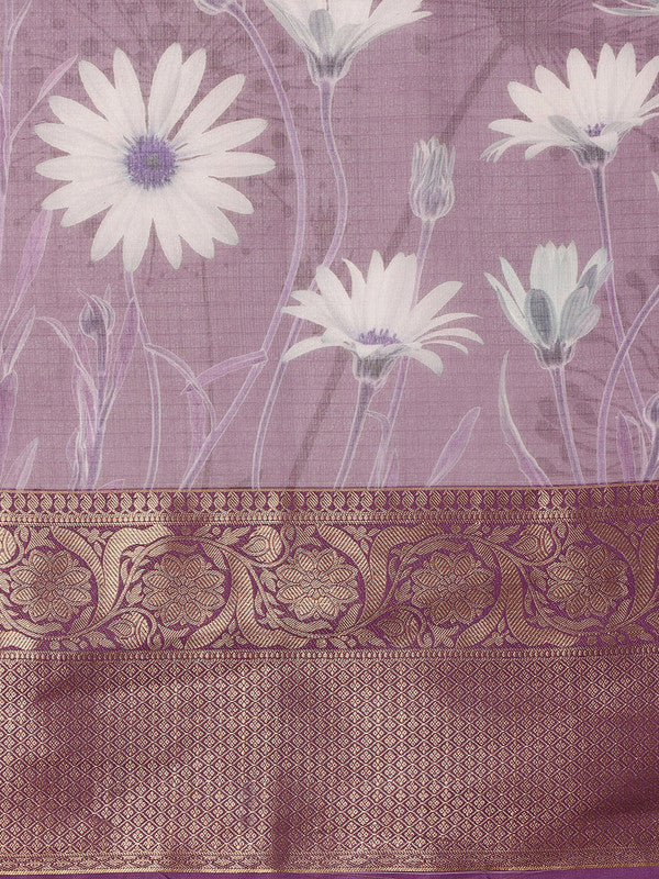 Lavender Munga Silk Digital Print Floral Saree with Unstitched Blouse - Hiral Fashion | Swadesiicart