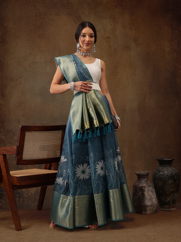 Turquoise Munga Silk Digital Print Floral Saree with Unstitched Blouse - Hiral Fashion | Swadesiicart
