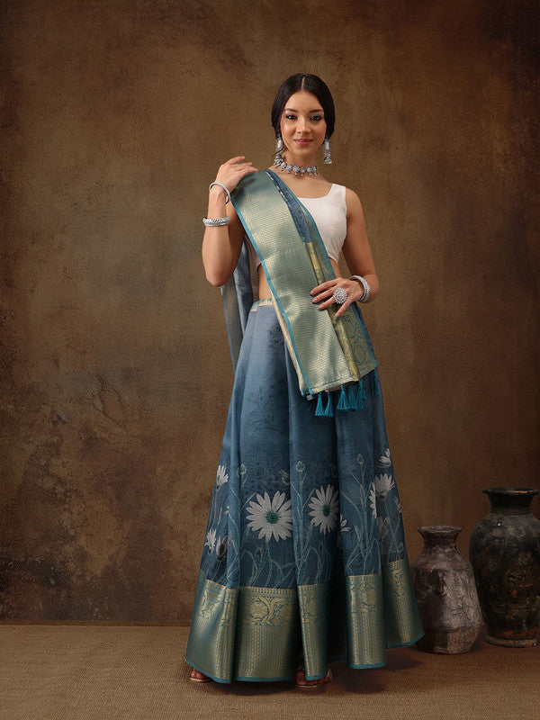 Turquoise Munga Silk Digital Print Floral Saree with Unstitched Blouse - Hiral Fashion | Swadesiicart