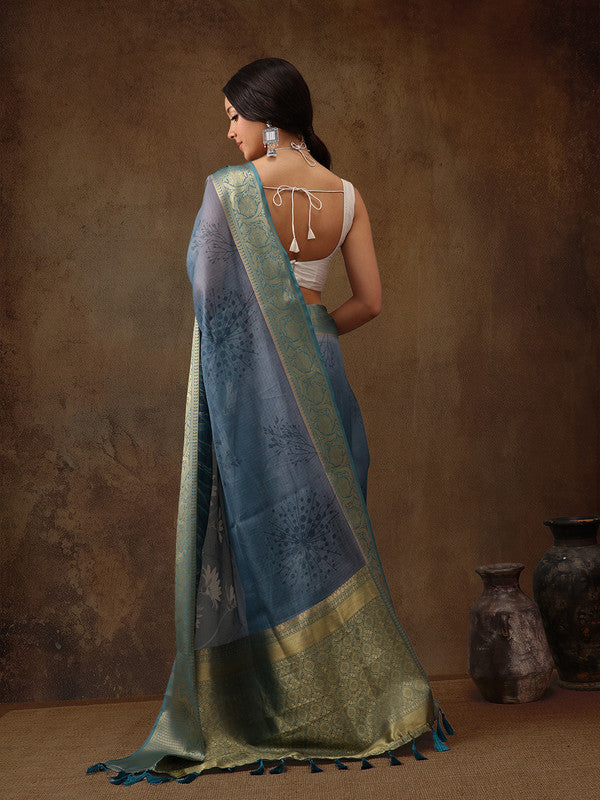 Turquoise Munga Silk Digital Print Floral Saree with Unstitched Blouse - Hiral Fashion | Swadesiicart