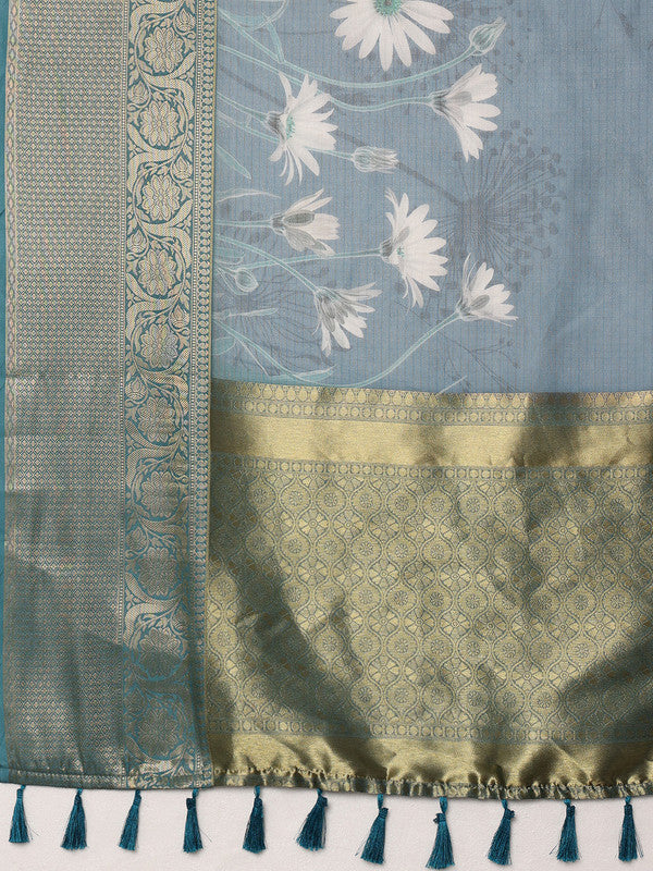 Turquoise Munga Silk Digital Print Floral Saree with Unstitched Blouse - Hiral Fashion | Swadesiicart