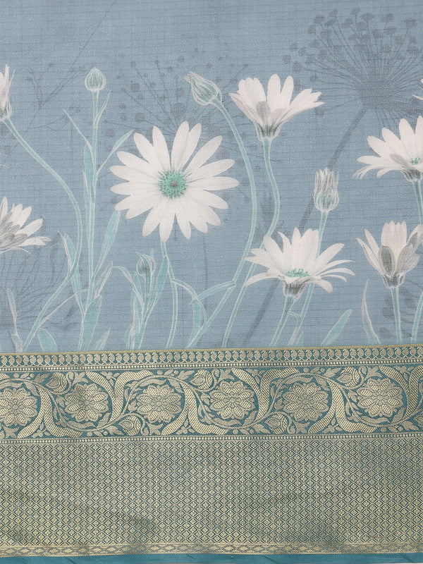 Turquoise Munga Silk Digital Print Floral Saree with Unstitched Blouse - Hiral Fashion | Swadesiicart