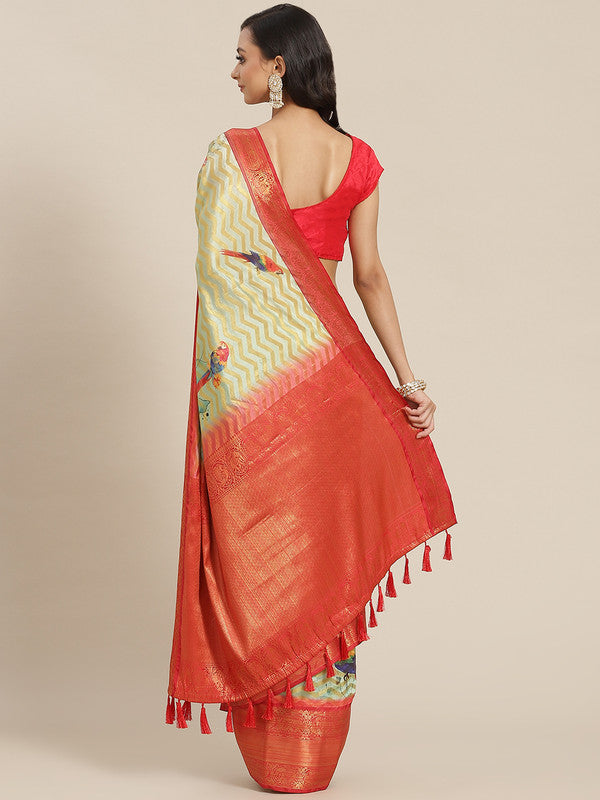 Green Art Silk Printed Abstract Saree with Unstitched Blouse - Hiral Fashion | Swadesiicart