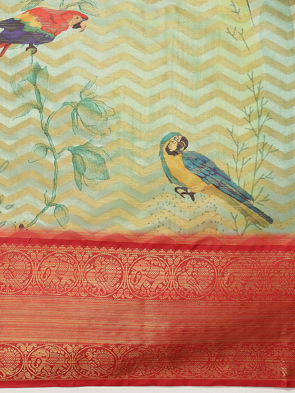 Green Art Silk Printed Abstract Saree with Unstitched Blouse - Hiral Fashion | Swadesiicart