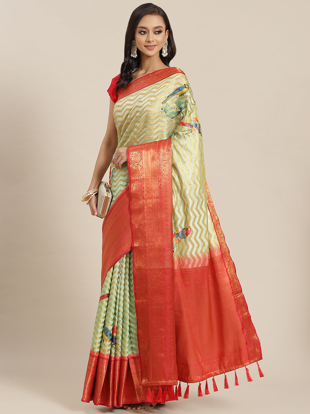 Green Art Silk Printed Abstract Saree with Unstitched Blouse - Hiral Fashion | Swadesiicart