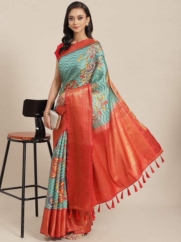 Turquoise Art Silk Printed Abstract Saree with Unstitched Blouse - Hiral Fashion | Swadesiicart