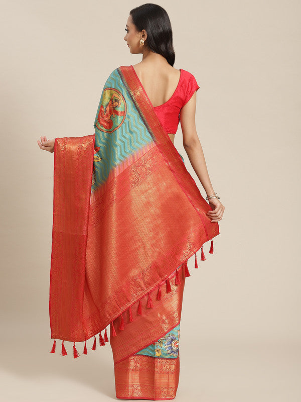 Turquoise Art Silk Printed Abstract Saree with Unstitched Blouse - Hiral Fashion | Swadesiicart