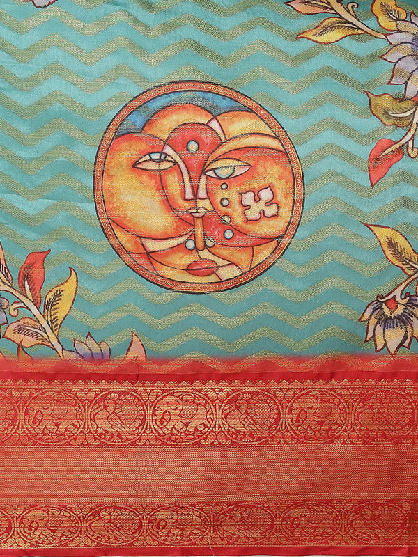 Turquoise Art Silk Printed Abstract Saree with Unstitched Blouse - Hiral Fashion | Swadesiicart