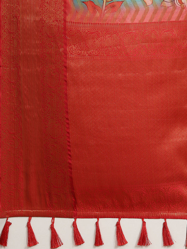 Turquoise Art Silk Printed Abstract Saree with Unstitched Blouse - Hiral Fashion | Swadesiicart