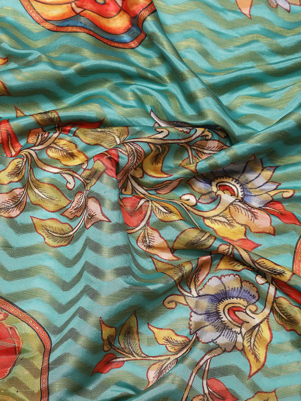 Turquoise Art Silk Printed Abstract Saree with Unstitched Blouse - Hiral Fashion | Swadesiicart