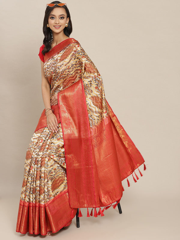 White Art Silk Printed Abstract Saree with Unstitched Blouse - Hiral Fashion | Swadesiicart