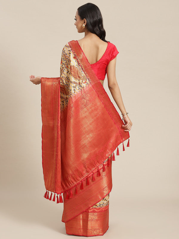 White Art Silk Printed Abstract Saree with Unstitched Blouse - Hiral Fashion | Swadesiicart