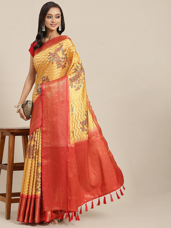 Yellow Art Silk Printed Abstract Saree with Unstitched Blouse - Hiral Fashion | Swadesiicart