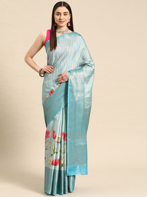 Blue Tissue Silk Digital Print Floral Saree with Unstitched Blouse - Hiral Fashion | Swadesiicart