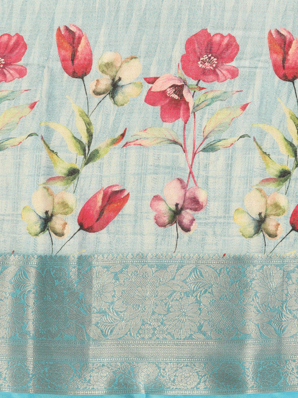 Blue Tissue Silk Digital Print Floral Saree with Unstitched Blouse - Hiral Fashion | Swadesiicart