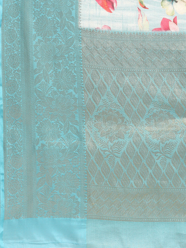 Blue Tissue Silk Digital Print Floral Saree with Unstitched Blouse - Hiral Fashion | Swadesiicart