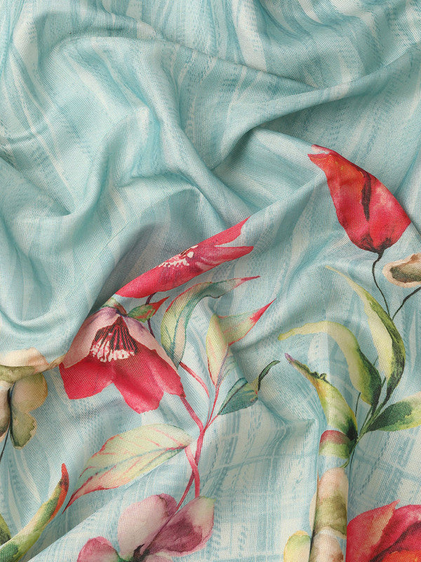 Blue Tissue Silk Digital Print Floral Saree with Unstitched Blouse - Hiral Fashion | Swadesiicart