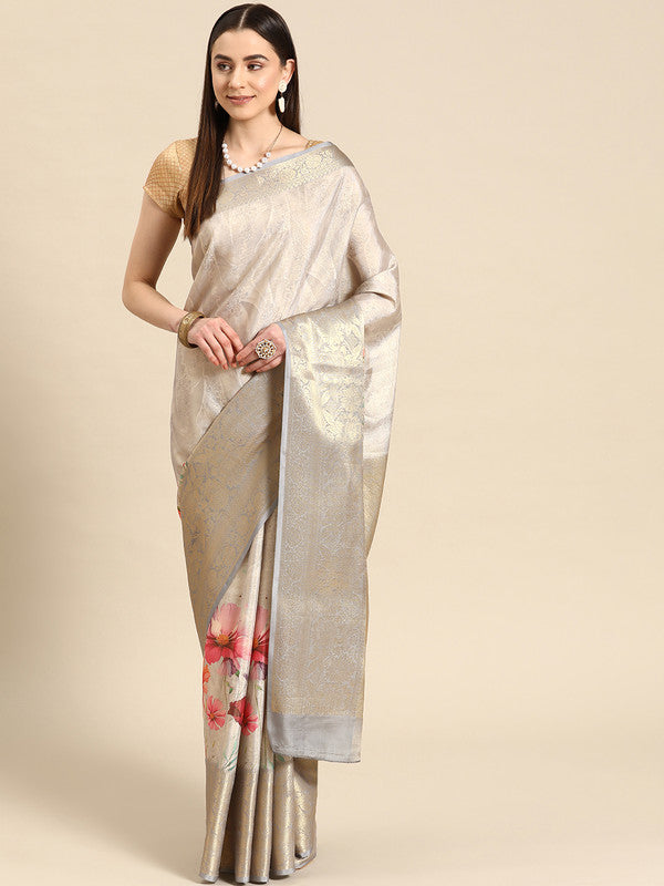 Gray Tissue Silk Digital Print Floral Saree with Unstitched Blouse - Hiral Fashion | Swadesiicart
