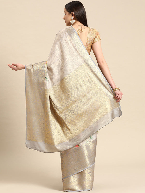Gray Tissue Silk Digital Print Floral Saree with Unstitched Blouse - Hiral Fashion | Swadesiicart