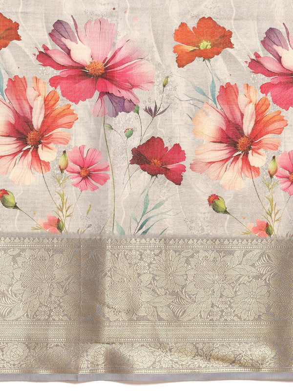 Gray Tissue Silk Digital Print Floral Saree with Unstitched Blouse - Hiral Fashion | Swadesiicart