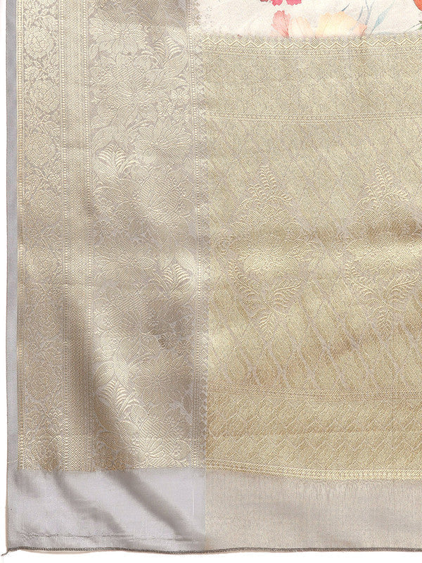 Gray Tissue Silk Digital Print Floral Saree with Unstitched Blouse - Hiral Fashion | Swadesiicart