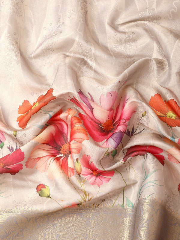 Gray Tissue Silk Digital Print Floral Saree with Unstitched Blouse - Hiral Fashion | Swadesiicart