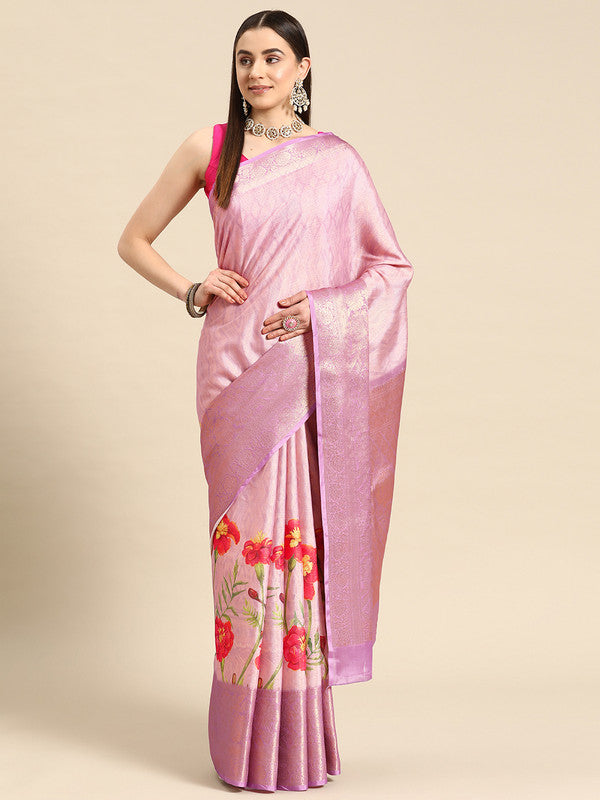 Lavender Tissue Silk Digital Print Floral Saree with Unstitched Blouse - Hiral Fashion | Swadesiicart