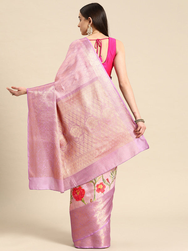 Lavender Tissue Silk Digital Print Floral Saree with Unstitched Blouse - Hiral Fashion | Swadesiicart
