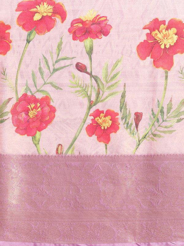 Lavender Tissue Silk Digital Print Floral Saree with Unstitched Blouse - Hiral Fashion | Swadesiicart