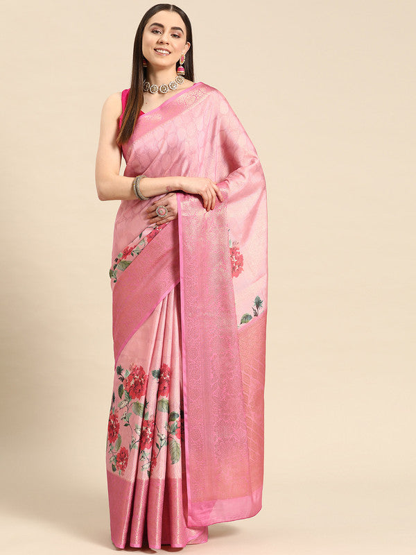 Pink Tissue Silk Digital Print Floral Saree with Unstitched Blouse - Hiral Fashion | Swadesiicart