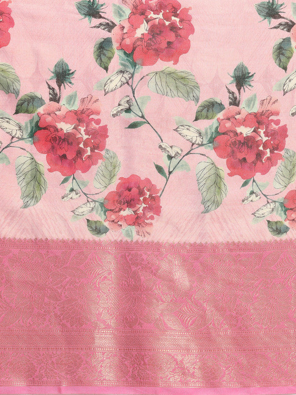 Pink Tissue Silk Digital Print Floral Saree with Unstitched Blouse - Hiral Fashion | Swadesiicart