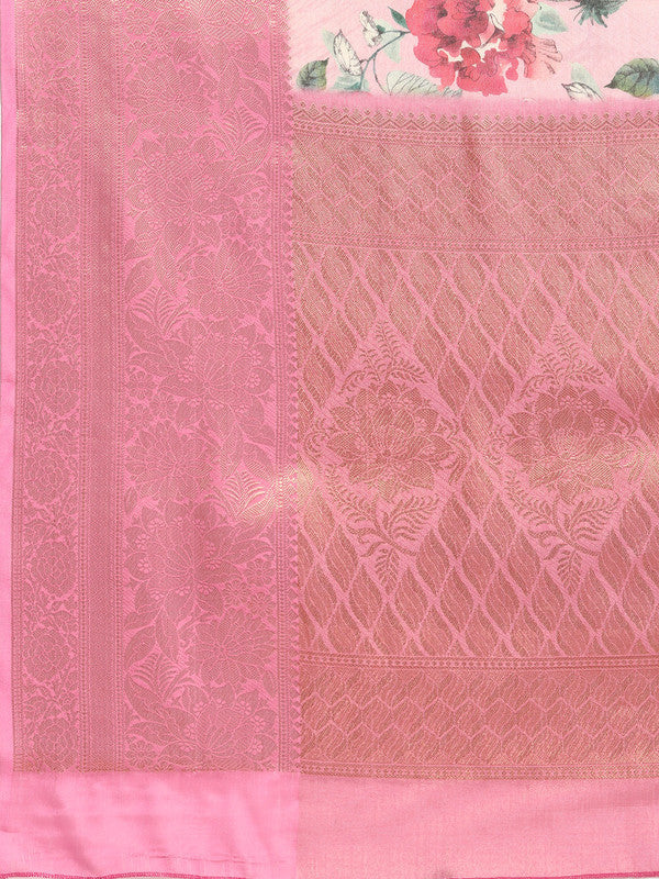 Pink Tissue Silk Digital Print Floral Saree with Unstitched Blouse - Hiral Fashion | Swadesiicart
