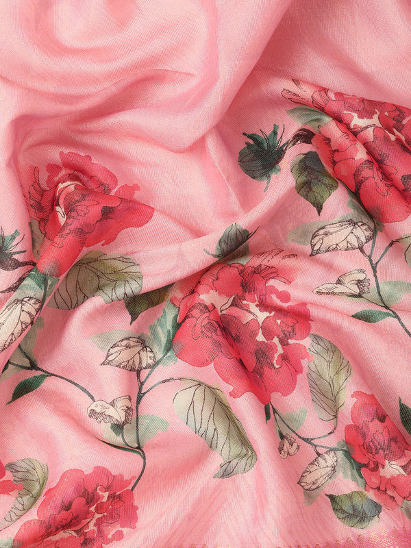 Pink Tissue Silk Digital Print Floral Saree with Unstitched Blouse - Hiral Fashion | Swadesiicart