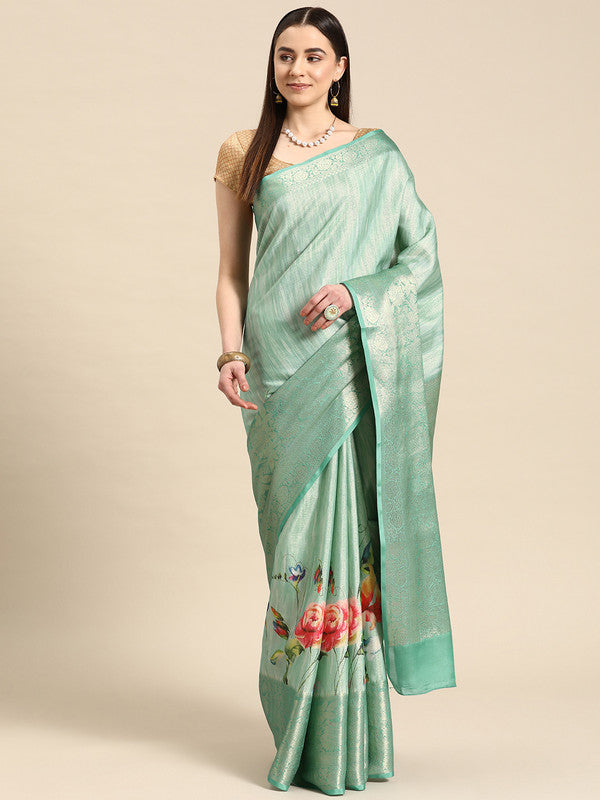 Turquoise Tissue Silk Digital Print Floral Saree with Unstitched Blouse - Hiral Fashion | Swadesiicart