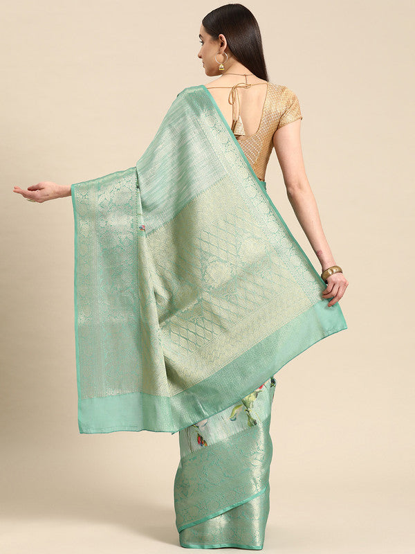 Turquoise Tissue Silk Digital Print Floral Saree with Unstitched Blouse - Hiral Fashion | Swadesiicart
