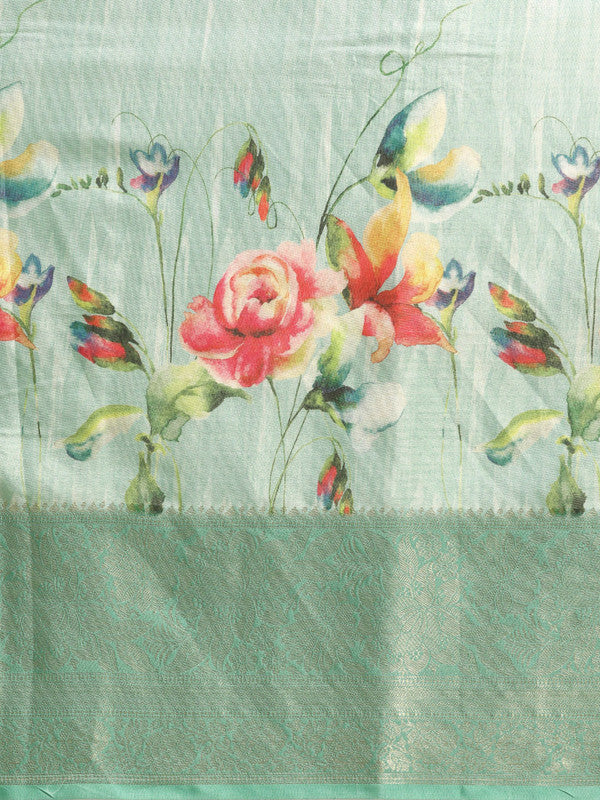 Turquoise Tissue Silk Digital Print Floral Saree with Unstitched Blouse - Hiral Fashion | Swadesiicart