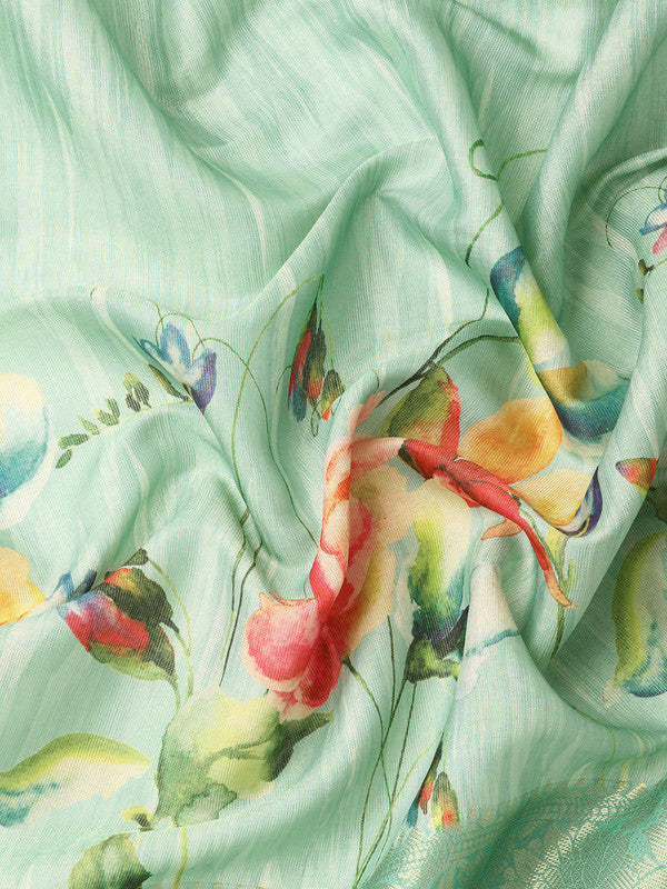 Turquoise Tissue Silk Digital Print Floral Saree with Unstitched Blouse - Hiral Fashion | Swadesiicart