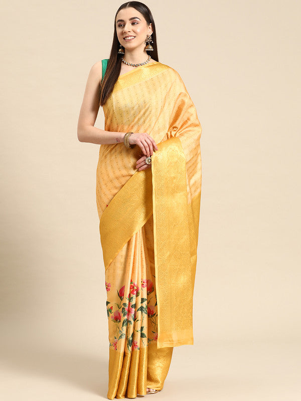 Yellow Tissue Silk Digital Print Floral Saree with Unstitched Blouse - Hiral Fashion | Swadesiicart