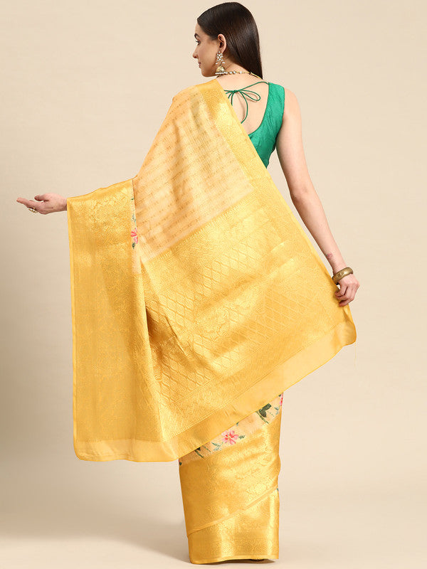 Yellow Tissue Silk Digital Print Floral Saree with Unstitched Blouse - Hiral Fashion | Swadesiicart