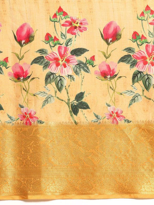 Yellow Tissue Silk Digital Print Floral Saree with Unstitched Blouse - Hiral Fashion | Swadesiicart