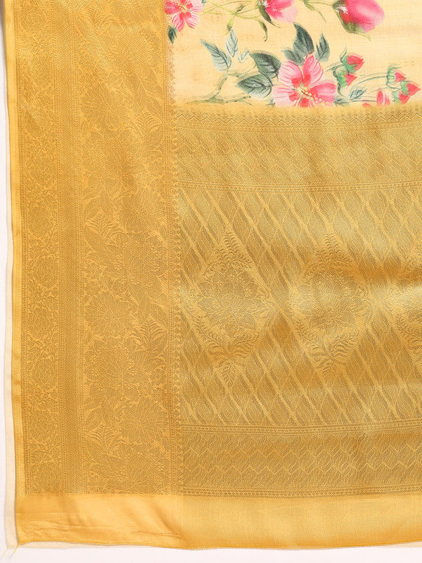 Yellow Tissue Silk Digital Print Floral Saree with Unstitched Blouse - Hiral Fashion | Swadesiicart