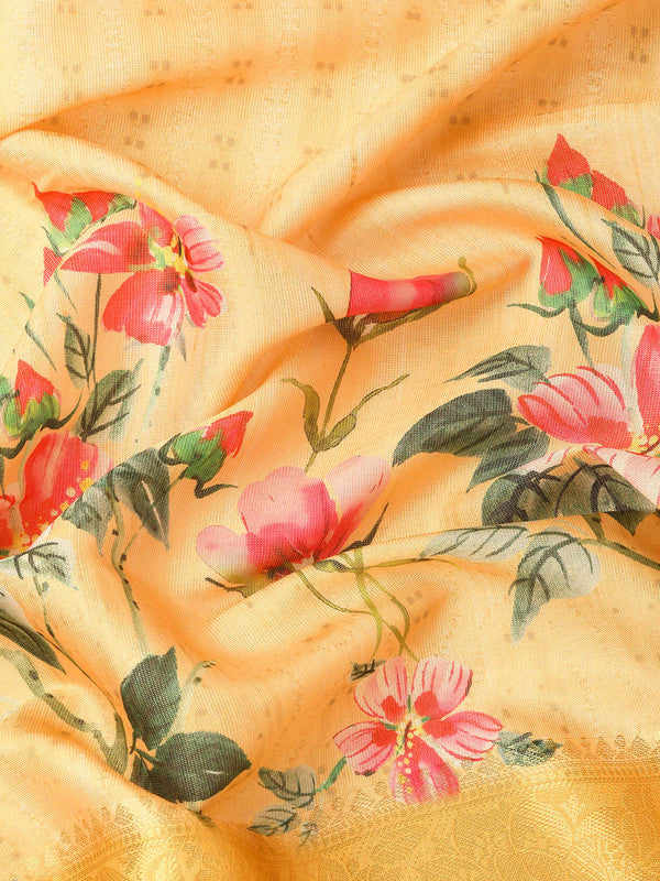 Yellow Tissue Silk Digital Print Floral Saree with Unstitched Blouse - Hiral Fashion | Swadesiicart